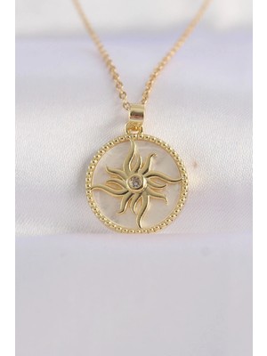 Sylar 316L Çelik Zincir Altın Renk Zirkon Taşlı Oval Tasarım Güneş Kolye