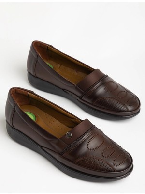 Dilimler Ayakkabı Hakiki Deri Içi Ortopedik Kadın Günlük Aykkabı Kahverengi Termo Oval Nakış Detaylı