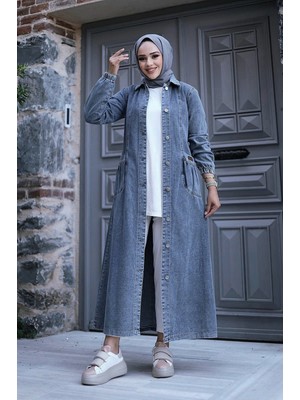 Moda Morfo Torba Cepli Metal Düğmeli Uzun Kot Kap -Buz Mavi