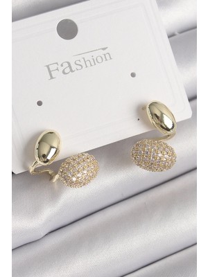 Sylar Pirinç Gold Renk Zirkon Taşlı Bombeli Model Kadın Küpe