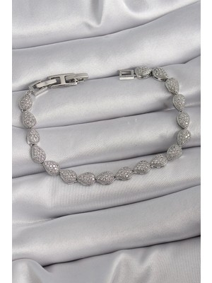 Sylar Pirinç Gümüş Renk Zirkon Taşlı Damla Model Vıp Seri Kadın Bileklik