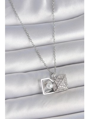 Sylar 316L Çelik Gümüş Renk Zincir Zirkon Taşlı Incili Açılır Elmas Model Kadın Kolye