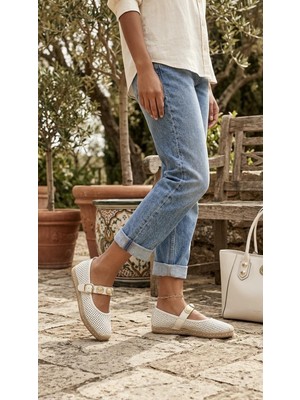 Punto 542065 Bantlı Turalı Incili Delikli Hasır Taban Espadril Babet