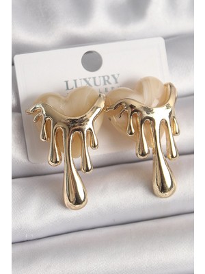 Sylar Pirinç Gold Renk Beyaz Sedefli Akan Kalp Model Kadın Küpe