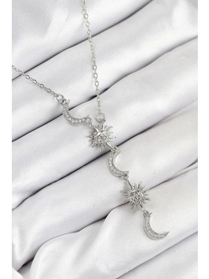 Sylar 316L Çelik Zirkon Taşlı Güneş ve Ay Model Gümüş Renk Kadın Kolye