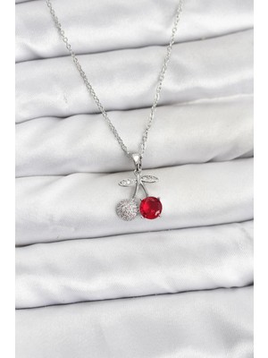 Pileli Store 316L Çelik Zincir Gümüş Renk Kiraz Model Zirkon Taşlı Kadın Kolye