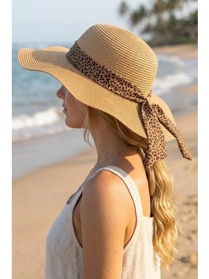 Ritagarcia Kadın Leopar Kuşaklı Geniş Siperli Hasır Şapka Fiyonk Detaylı Plaj Şapkası