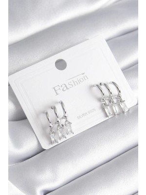 Sylar Pirinç Gümüş Renk 3'lü Sallantı Zirkon Taşlı Küpe