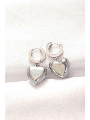 Sylar 316L Çelik Gümüş Renk Bombeli Kalp Tasarımlı Küpe