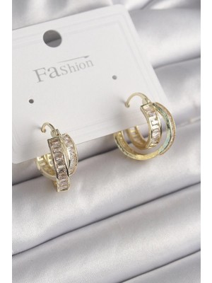 Sylar Pirinç Gold Renk Zirkon Taşlı Halka Model Kadın Küpe