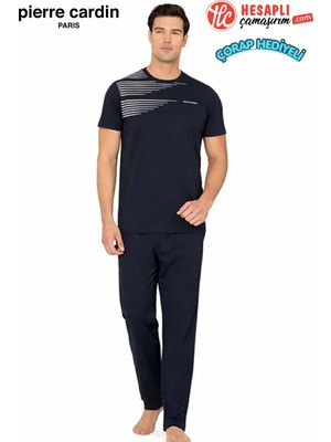 Pierre Cardin Paris Premium Erkek Bisiklet Yaka Pamuklu Rahat Kısa Kollu Pijama Takım Çorap Hediyeli