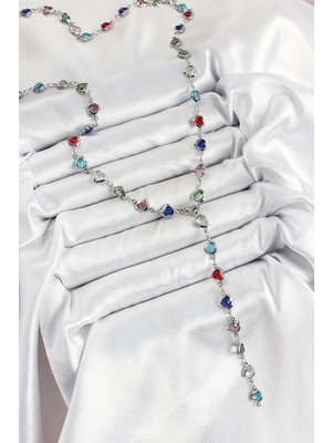 Sylar Pirinç Gümüş Renk Karışık Renk Zirkon Taşlı Kalpli Y Kadın Kolye