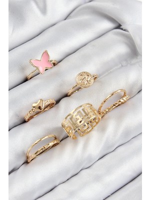 Sylar Pirinç Kelebek ve Kalp Model Gold Renk Kadın Yüzük Kombin Set