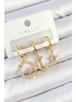 Sylar Pirinç Zirkon Taşlı Yıldız ve Ay Model Gold Renk 3'lü Kadın Küpe Set