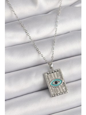 Sylar 316L Çelik Gümüş Renk Zirkon Taşlı Göz Işleme Detaylı Plaka Model Kadın Kolye