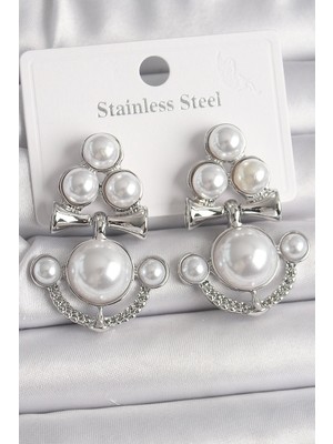 Sylar Pirinç Gümüş Renk Sallantı Incili Çapa Model Kadın Küpe