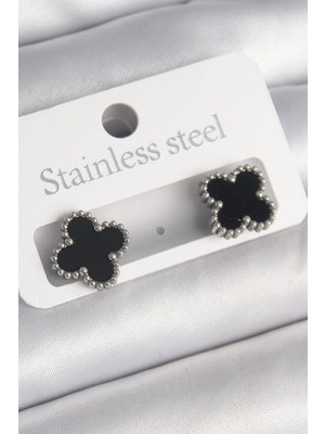 Sylar 316L Çelik Gümüş Renk Siyah Yonca Model Kadın Küpe