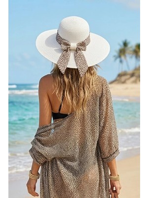 Ritagarcia Kadın Leopar Kuşaklı Geniş Siperli Hasır Şapka Fiyonk Detaylı Plaj Şapkası