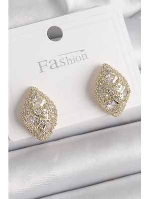 Sylar Pirinç Gold Renk Zirkon Taş Işlemeli Damla Model Kadın Küpe