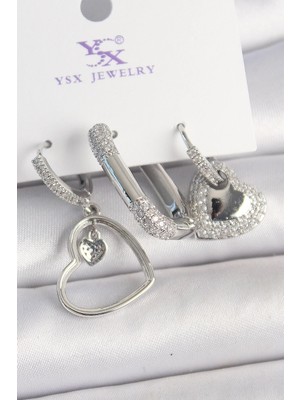 Sylar Pirinç Gümüş Renk Sallantı Zirkon Taşlı Kalp Model 3'lü Kadın Kombin Küpe