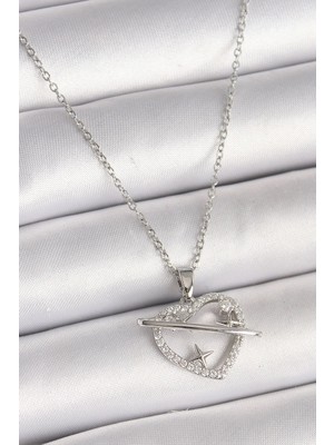 Sylar 316L Çelik Gümüş Renk Zincir Zirkon Taşlı Kalp Model Yıldız Detay Kadın Kolye