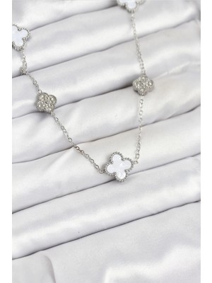 Sylar 316L Çelik Zincir Gümüş Renk Beyaz ve Zirkon Taşlı Yonca Kadın Kolye