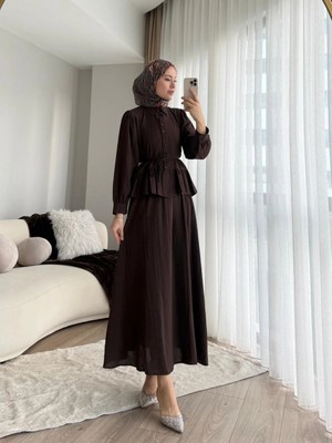 Miraydin Butik Kadın Fırfır Gömlekli Etekli Takım M2512 - Kahverengi