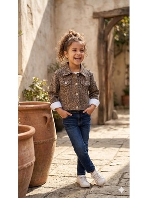 HaanBebe Kız Çocuk Leopar Desenli Denim Ceket - Pamuklu Jean Mont