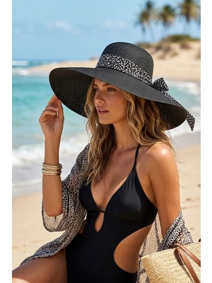 Ritagarcia Kadın Leopar Kuşaklı Geniş Siperli Hasır Şapka Fiyonk Detaylı Plaj Şapkası