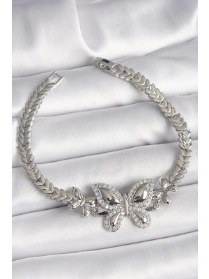 Sylar Pirinç Gümüş Renk Zirkon Taşlı Kelebek Model Kadın Bileklik