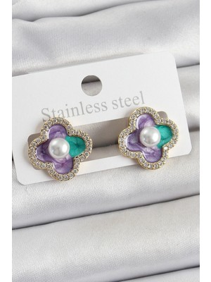 Sylar Pirinç Mor Mineli Inci Detaylı Zirkon Taşlı Sanatsal Portre Yonca Model Gold Renk Kadın Küpe