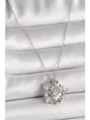 Sylar 316L Çelik Gümüş Renk Zincir Zirkon Taşlı Kalp Figür Gül Detay Kadın Kolye