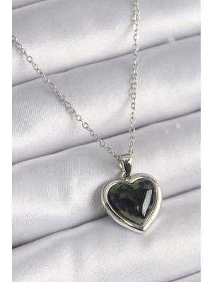 Sylar 316L Çelik Gümüş Renk Yeşil Mineli Kalp Model Kadın Kolye