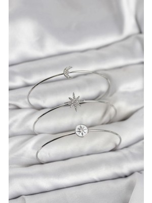 Gümüş Renk Zirkon Taşlı Kutup Yıldızı Model 3'lü Kadın Bileklik Kombini