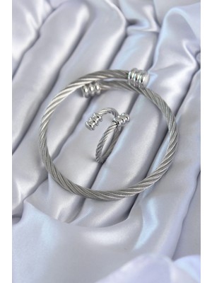 Sylar 316L Çelik Gümüş Renk Sarmal Model Erkek Bileklik Yüzük Kombini