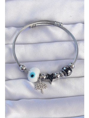 Sylar 316L Çelik Gümüş Renk Siyah Zirkon Taşlı Yıldız Tasarımlı Ağaç Detay Nazarlı Charm Bileklik