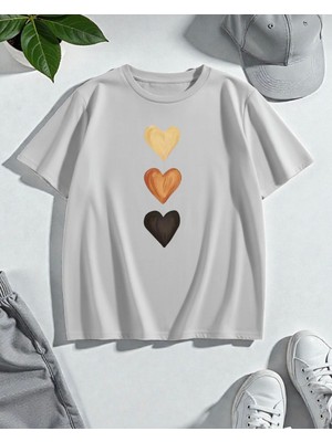 Punix Kids Özel Seri Yuvarlak Yaka Üç Renk Kalp Baskılı Yeni Sezon Şık Kız Çocuk T-Shirt
