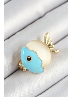 Sylar Mineli Turkuaz ve Krem Balık Figürlü Gold Renk Kadın Broş