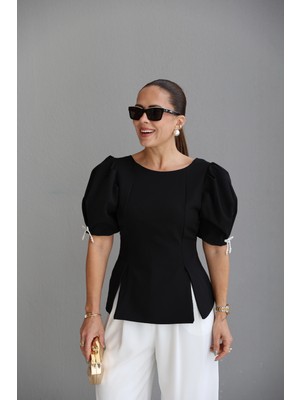 Purple By Banu Siyah Balon Kol Yırtmaçlı Bluz