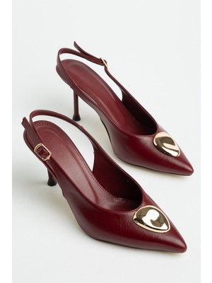 Dilimler Ayakkabı Kadın Ince Topuklu Ayakkabı Stiletto Bordo Metal Aksesuarlı Galvaniz Ökçe