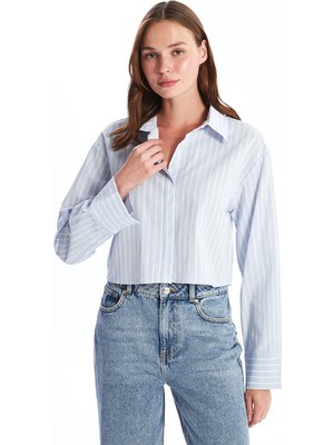 LC Waikiki Xsıde Mavi Çizgili Crop Poplin Kadın Gömlek