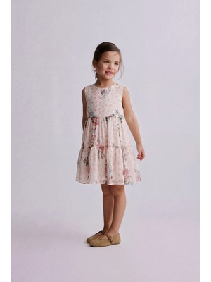 Magu Kız Çocuk Pamuklu Pudra Çiçek Desenli Kat Kat Elbise