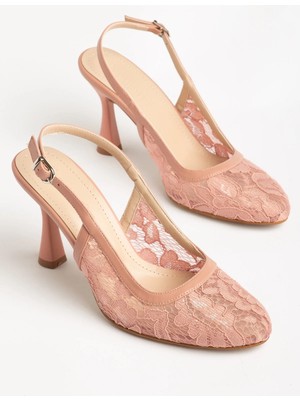 Dilimler Ayakkabı Büyük Numara Kadın Abiye Topuklu Ayakkabı Pudra Tül Desenli Yuvarlak Burun