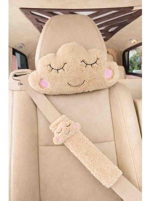 Masalia Sevimli Peluş Bulut Tasarımlı Araç Boyun Yastığı ve Emniyet Kemeri Seti  (1  Yastık ve 1 Kemer )