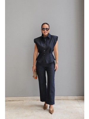 Purple By Banu Lacivert Vatkalı Yelek Pantolon Takım