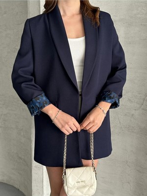 Vesantia Kadın Lacivert Leopar Astar Detaylı Blazer Ceket