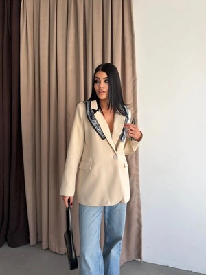 Vesantia Kadın Taş Rengi Şal Detaylı Astarlı Blazer