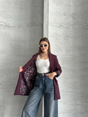 Vesantia Kadın Mürdüm Leopar Astar Detaylı Blazer Ceket