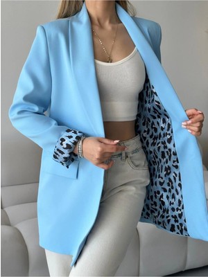 Vesantia Kadın Bebe Mavisi Leopar Astar Detaylı Blazer Ceket