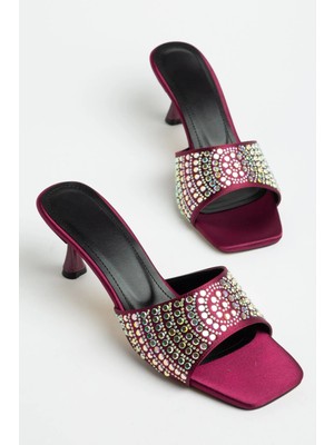 Dilimler Ayakkabı Kadın Topuklu Terlik Bordo Taşlı Saten Ince Topuklu